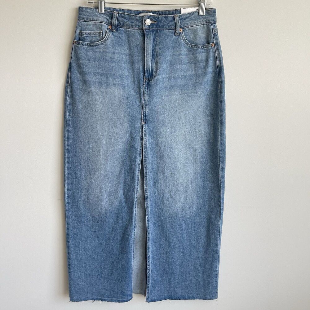 NWT Almost Famous Denim Maxi Skirt Front Slit Raw Hem S Blue Medium Wash